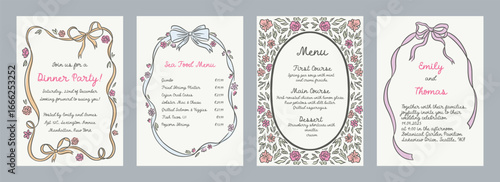 Set of spring whimsical hand-drawn pink blue orange green color frames with flowers and bows in trendy, vintage styles. Perfect for quirky holiday, wedding, birthday gift decorations