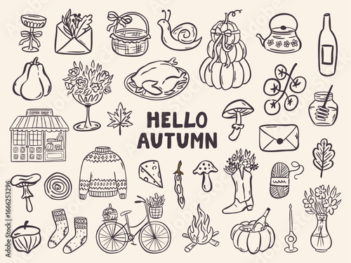 Cozy fall doodle clipart with pumpkins, hot drinks, candles, sweaters, and leaves. Hand-drawn vector set in a cute, whimsical style for seasonal designs and Thanksgiving themes