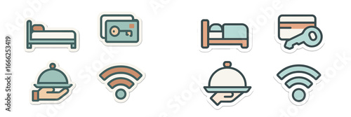 Hotel Service Icons: Bed, Key Card, Room Service, Wi