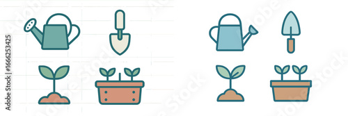 Gardening Tools and Seedlings Icons, Minimalist flat design