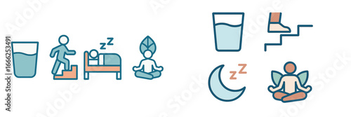 Healthy Lifestyle Icons for Hydration, Exercise, Sleep