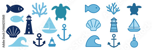 Nautical Icons: Marine Life and Objects, Minimalist flat design