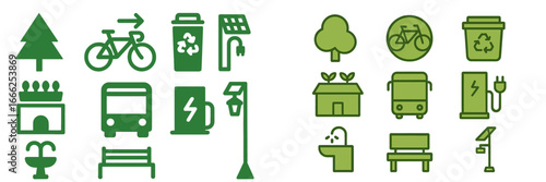 Sustainable city icons for green urban life, Minimalist flat design
