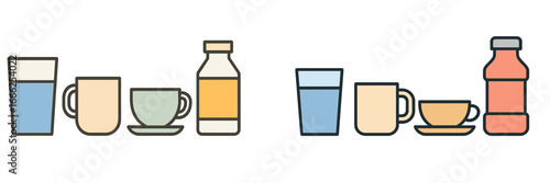 Assorted drinkware and beverage containers, Minimalist flat design
