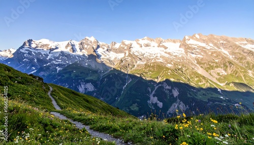Wallpaper Mural A scenic mountain path winds through a meadow, framed by snow-capped peaks and vibrant green slopes, bathed in the soft morning light. Torontodigital.ca