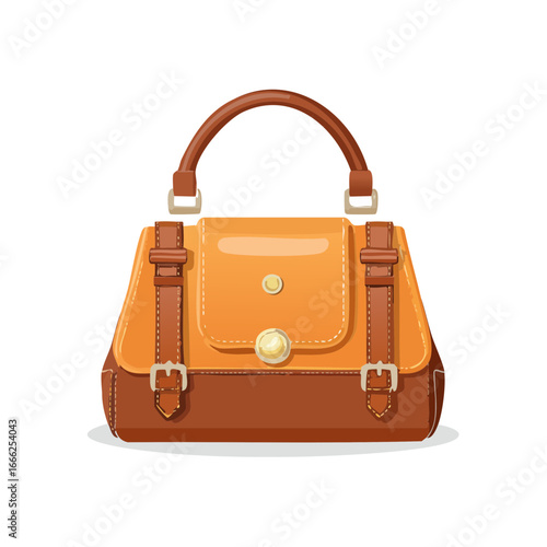 Stylish tan and brown leather handbag illustration with straps and buckles