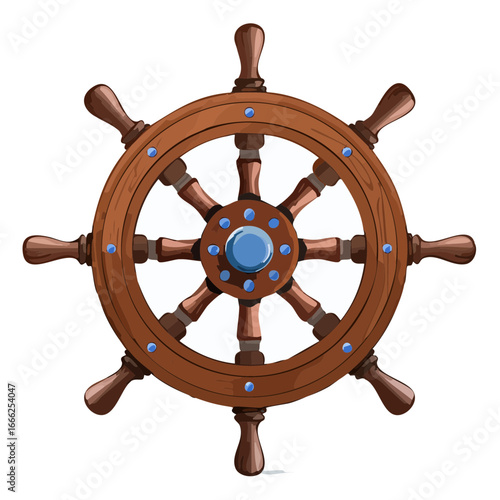 Wooden Ship Steering Wheel with Blue Accents on Black, Nautical Navigation