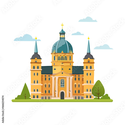 Detailed illustration of a European style Cathedral with dome roof, tall spires and classical facade