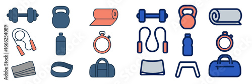 Fitness Equipment Icons Set, Minimalist flat design