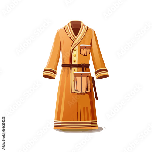 Cartoon illustration of a stylish brown bathrobe for relaxation and comfort at home with pockets and decorative belt.
