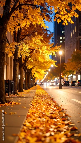 Autumn Evening City Street with Golden Leaves.