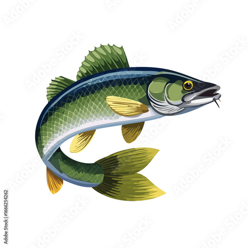 Green fish illustration walleye drawing isolated on black background