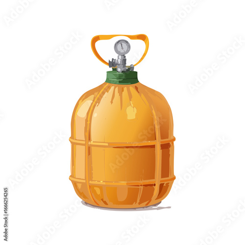 Orange carboy glass bottle illustration with pressure gauge against black backdrop. Container vessel for liquid and gas.