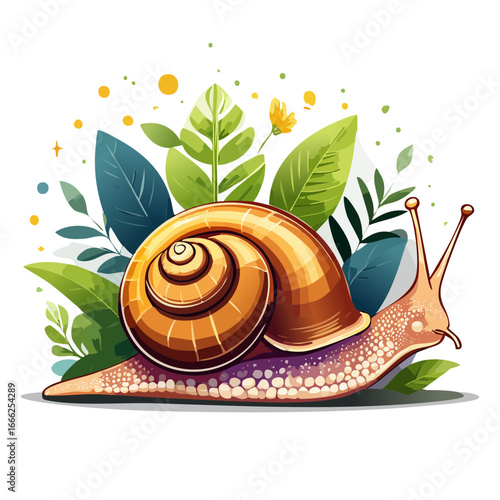 Illustration of a snail among plants and flowers with artistic flair