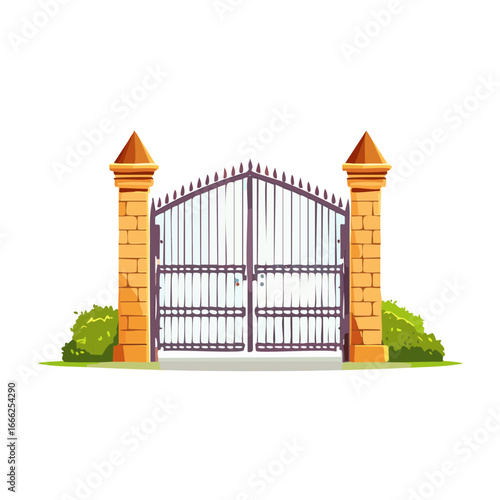 Iron gate cartoon entrance with brick pillars and bushes symmetrical design architecture garden access security boundary
