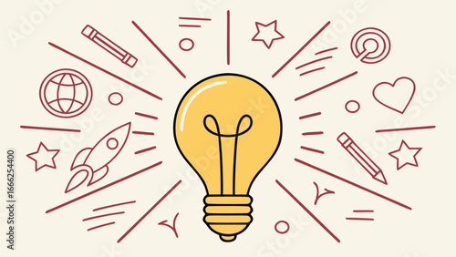 Creative idea illustration with glowing light bulb and innovation symbols for imagination business and technology concept  

