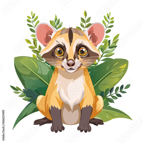 Cute Genet Sitting Amidst Lush Tropical Foliage Cartoon Style Illustration