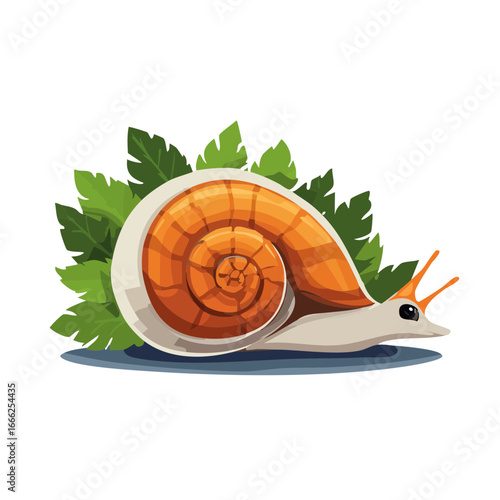 Cartoon snail crawls through green leaves nature illustration background isolated