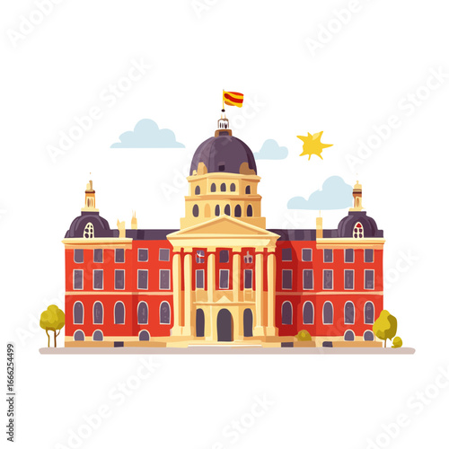 State Capital Building with Dome, Flag, Star, and Trees in Cartoon Style