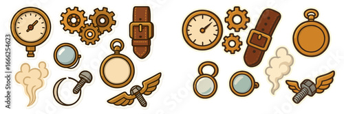 Steampunk Gears and Pocket Watches Collection, Minimalist flat design