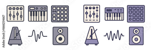 Music Production Equipment Icons, Minimalist flat design