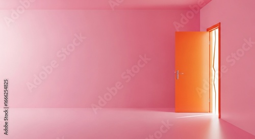Bright future awaits through open orange door in pink room