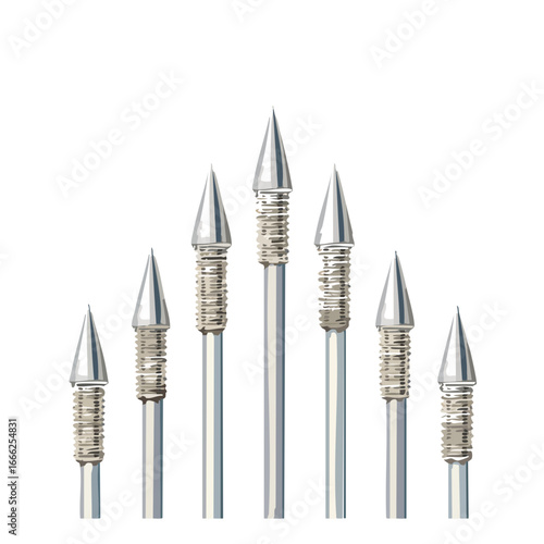 Seven spears arranged in a row. Pointed metallic tips with wrapped decoration on black background