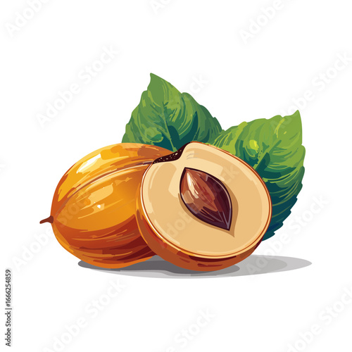 Ripe peach illustration cut peach reveals seed leaves add freshness vegetarian food ingredient