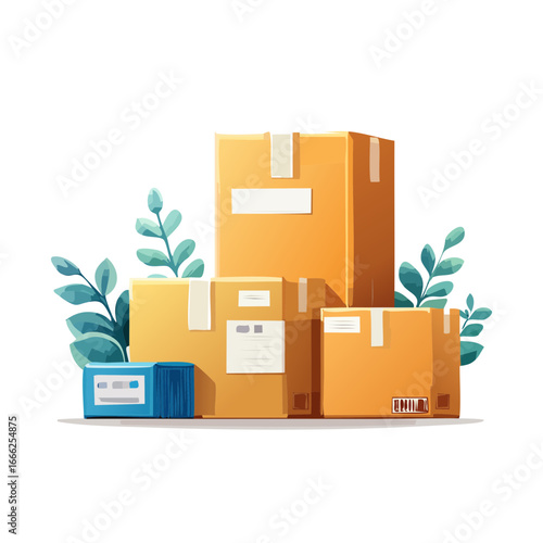Stacked shipping boxes illustration with foliage elements. Cartoon style moving and delivery scene.