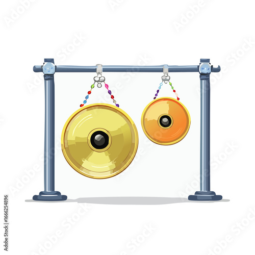 Cartoon illustration of golden gongs hanging from a gray metal frame with colorful beaded chains