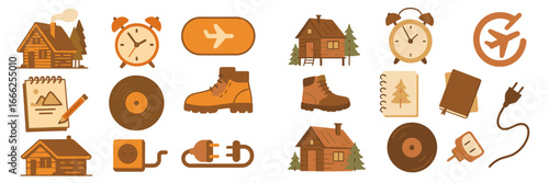 Cabin and Travel Icons Set, Minimalist flat design