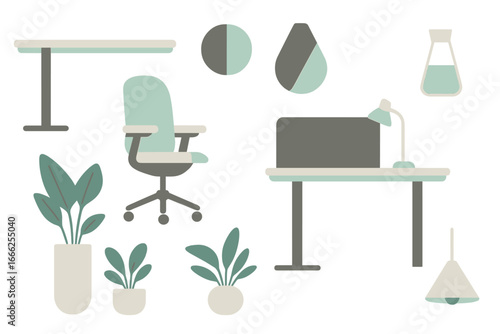 Modern Workspace Elements with Plants and Desk Lamp