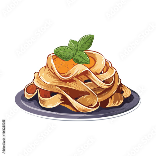 Pasta dish illustration fettuccine noodles tomato sauce basil garnish on plate