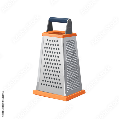 Grater illustration of metal kitchen tool with handle for grating food ingredients.