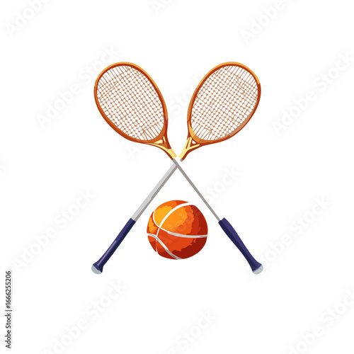 Tennis rackets crossed with basketball sports equipment recreation leisure game illustration