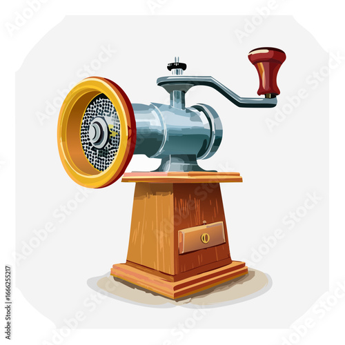 Cartoon illustration of a vintage meat grinder Kitchen tool with crank and wooden stand Old fashioned cooking equipment