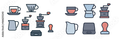 Coffee Brewing Equipment Icons Set, Minimalist flat design