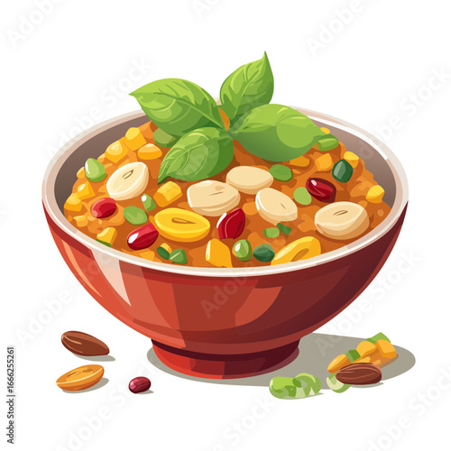 Nutritious Mixed Legume and Grain Bowl Topped with Basil Leaves in Red Bowl