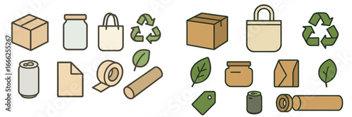 Sustainable packaging and recycling symbols, Minimalist flat design