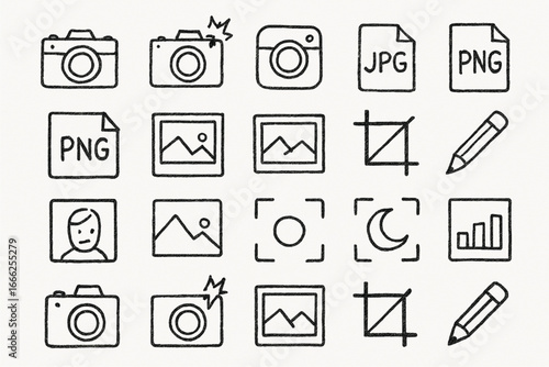 Photography and editing icons in a grid camera flash