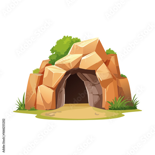 Cartoon cave entrance in rock with bushes and green grass vector isolated illustration
