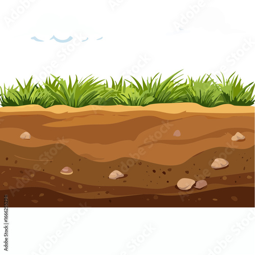 Cartoon soil cross-section with grass, clouds, and rocks. Cartoon Earth Layers Concept