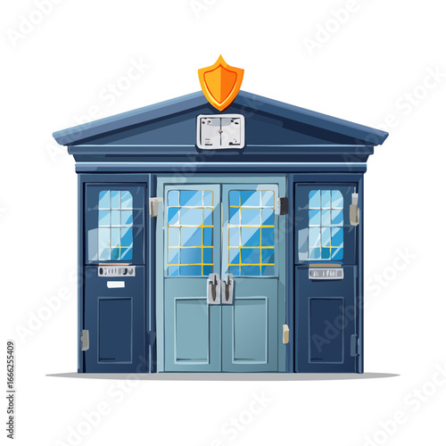 Cartoon Police Station Building Facade Entrance with Shield and Doors Vector Illustration