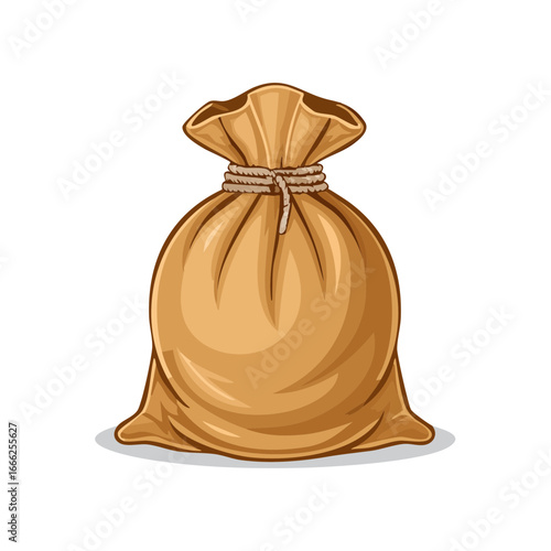 Full brown burlap sack illustration tied with twine isolated on black background.