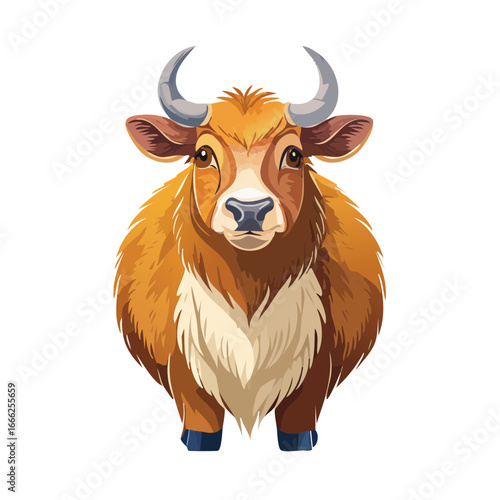 Cute cartoon illustration of a brown yak with horns standing against a black backdrop