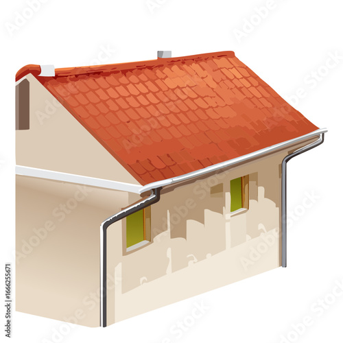 Illustration of a house with a red tiled roof, white walls, and a gutter system against a black background