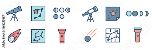 Astronomy Icons: Telescope, Constellations, Moon Phases, Meteor