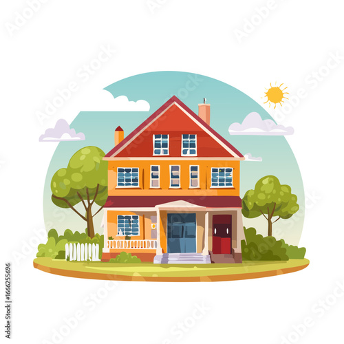 Colorful two story home illustration with sunshine and cartoonish aesthetic ideal for real estate or design concept visualization