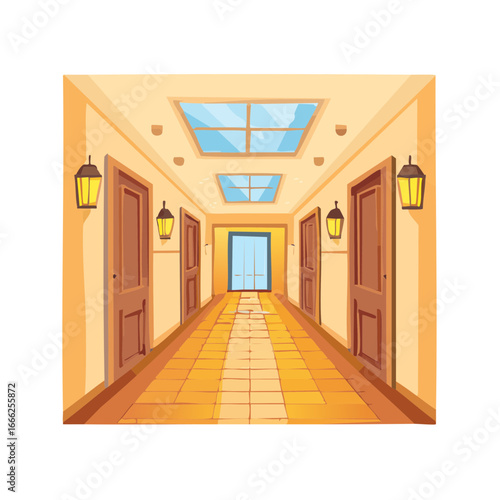 Warm illuminated hotel hallway with doors and skylights cartoon illustration