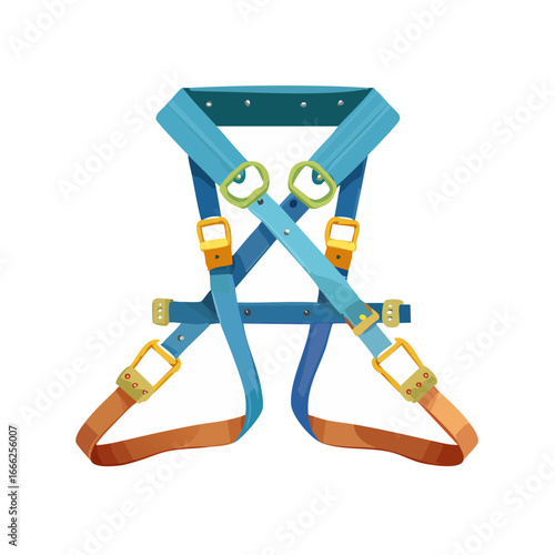 Blue safety harness illustration. Straps, buckles, and security equipment in a vector cartoon style.